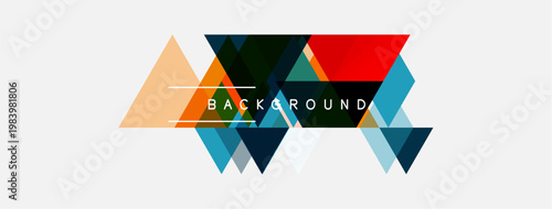 Geometric shapes form abstract background. Red, blue, green hues dominate design. Text BACKGROUND centered within composition.