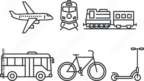 Various transportation modes including an airplane, train, bus, bicycle and scooter.