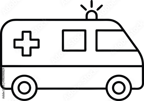 ambulance side view with siren light cross line art vector illustration on transparent background