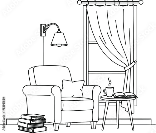 A cozy reading nook with a comfortable chair, stack of books, and a steaming cup of coffee on a small table beside a curtained window.