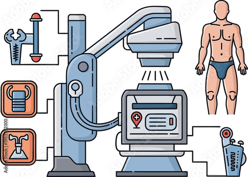 A robotic machine scans a human body with various medical tools nearby in a laboratory.