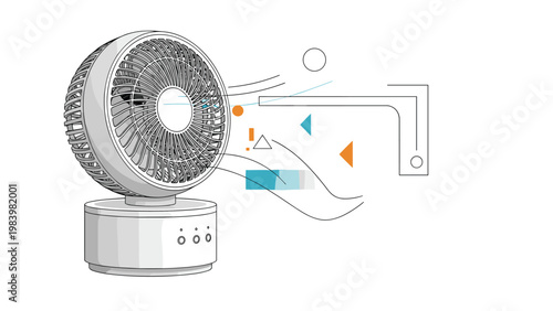 White modern air circulator fan blowing air with abstract shapes representing airflow against a plain white background.