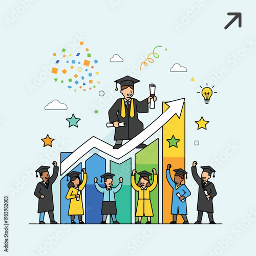 Graduate standing on bar graph high.