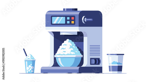 Modern electric shaved ice machine making a bowl of fluffy ice with small cups on the side in a minimalist illustration style.