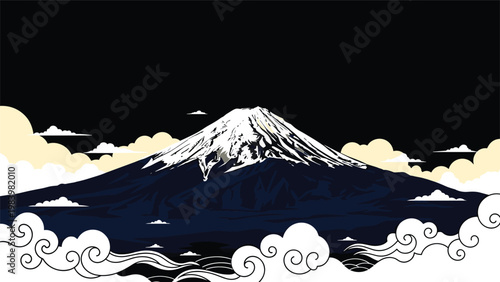 Majestic Mount Fuji looms over stylized white clouds under a black sky in a traditional Japanese art style vector illustration.