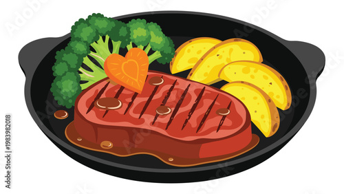 Juicy grilled beef steak served in a black pan with potato wedges, broccoli, and a heart-shaped carrot slice as garnish.