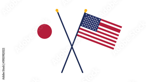 Crossed flags of Japan and the United States of America symbolizing international relations and friendship on a white background.