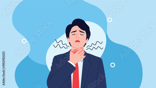 Businessman in a dark suit holding his throat with an expression of pain and discomfort against an abstract blue background.
