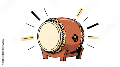 Traditional Japanese taiko drum on a wooden stand with abstract lines representing its powerful sound and rhythm.