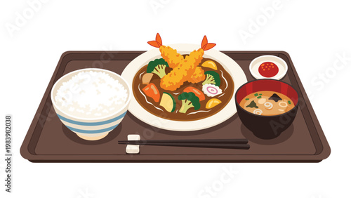 Traditional Japanese shrimp tempura curry set served on a tray with rice, miso soup, and a small side dish in a food illustration.