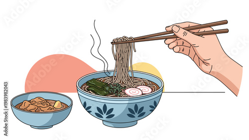Hand using chopsticks to lift noodles from a large bowl of ramen or soba soup in a detailed food illustration with steam.