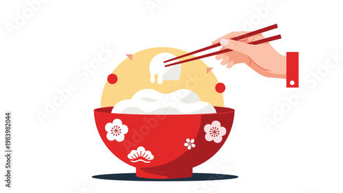 Hand holding chopsticks picking up a piece of rice from a traditional red bowl decorated with white plum blossom patterns.