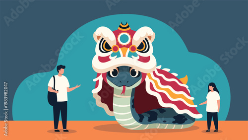 Large snake wearing a traditional lion dance head costume accompanied by two human characters in a festive cultural setting.