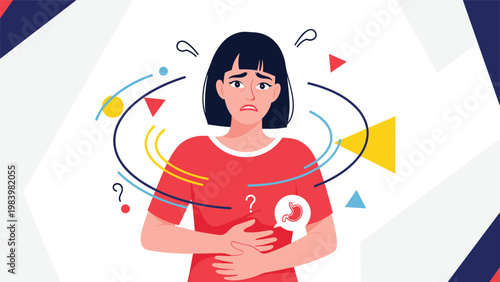Young woman suffering from stomach pain and dizziness shown with abstract symbols indicating discomfort and illness at home.
