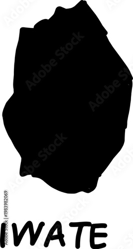 Black silhouette shape resembling a map or abstract blob with partial text on white background. Minimal graphic element ideal for logos, icons, and design use.