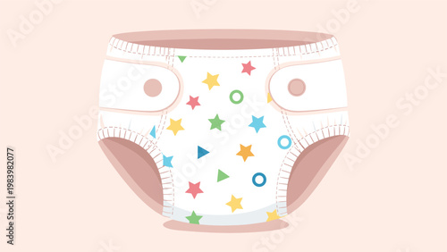 White baby diaper or nappy featuring a colorful star and geometric pattern design on a light pink background for baby care.