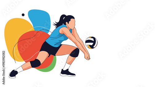 Female volleyball player performs a defensive bump or dig against a colorful abstract background in a modern vector style.