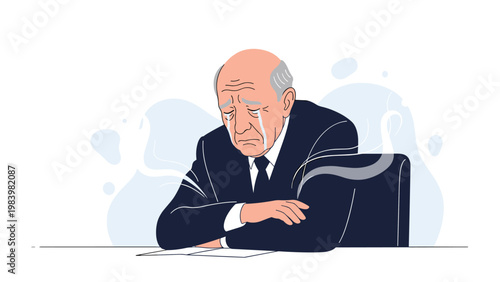 Senior businessman in a suit sitting at a desk and crying with visible tears expressing deep sadness or professional failure.
