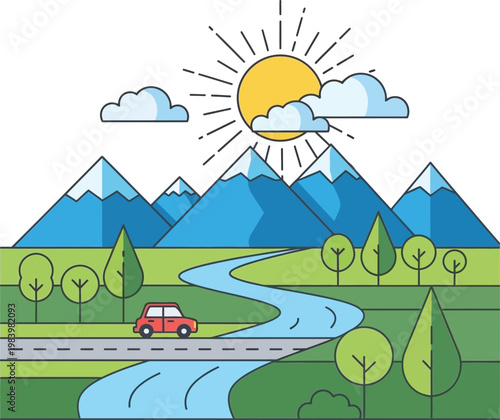 A car drives along a winding road through a serene landscape with mountains, trees, and a sunny sky.