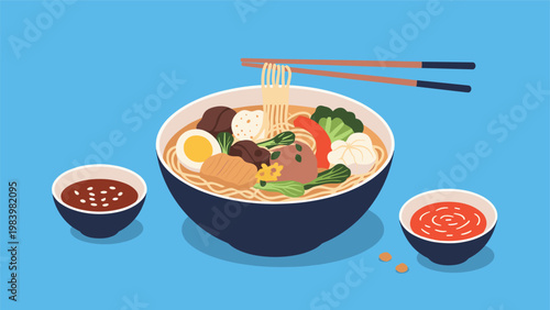 Large bowl of hearty noodle soup filled with meat, egg, vegetables, and dumplings served with two side dipping sauces for a meal.