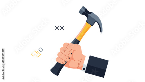 Hand in a business suit holding a heavy hammer as a powerful symbol of construction, professional labor, or strategic power.