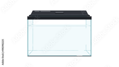 Empty glass aquarium tank with a black lid filled with clear water shown from the front for pet fish habitat presentation.