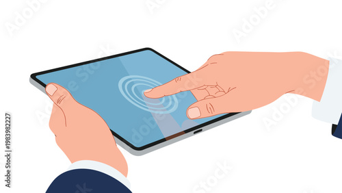 Close up of a person using a finger to tap or interact with a large tablet screen for digital technology or mobile app concept.