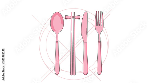 Set of pink kitchen utensils including a spoon, chopsticks on a rest, a knife, and a fork arranged on a plate.