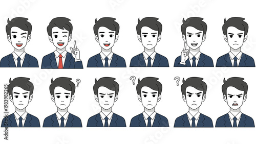 Sheet of character expressions shows a businessman in a suit with various moods ranging from happy to angry.
