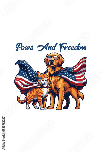 Patriotic Golden Retriever and Ginger Cat in American Flag Capes with Sunglasses for Independence Day with editable file