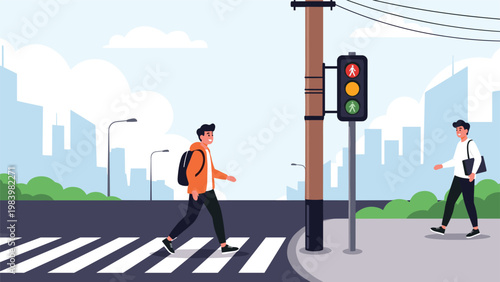 Young men use a urban crosswalk to safely cross the city street while the traffic light shows a green signal.