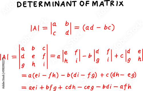 Determinant of matrix formulas showing 2x2 and 3x3 expansion, with step-by-step cofactor method and algebraic simplification in clear math notation.