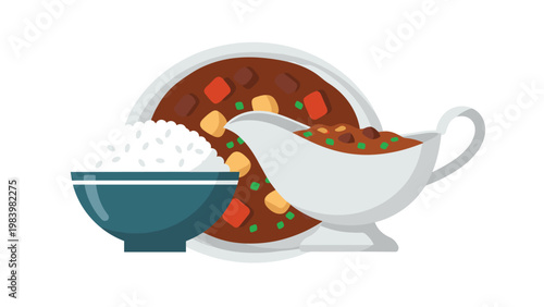 Hearty portion of Japanese curry rice is served with a bowl of white rice and a classic ceramic gravy boat.