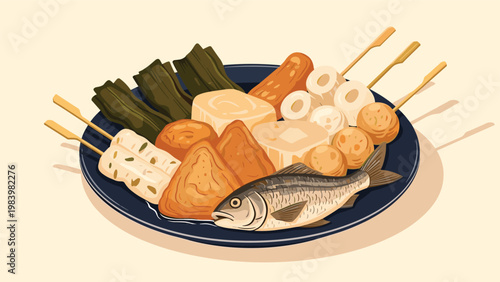 Traditional Japanese oden dish serves a variety of simmered ingredients including fish cakes and kombu on a plate.