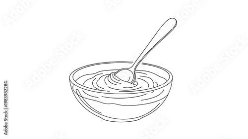 Minimalist line art shows a bowl of creamy soup or breakfast cereal with a spoon resting inside the dish.