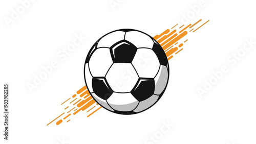 Dynamic soccer ball flies through the air leaving a trail of orange motion lines against a clean white background.