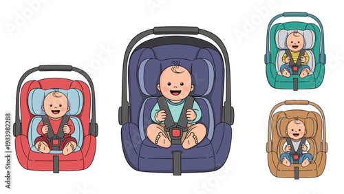 Multiple views of a smiling baby safely buckled into various colorful infant car seats for secure travel.