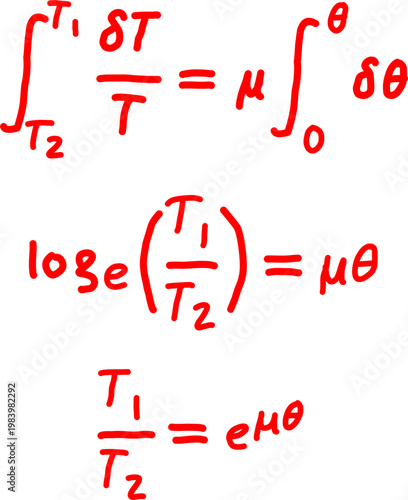 Handwritten red mathematical equations showing integral transformation, logarithmic relation, and exponential form on a clean white background.