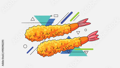 Two crispy pieces of fried shrimp tempura are presented against a modern background of colorful geometric shapes.