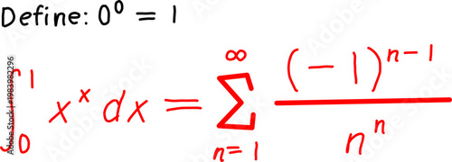 Mathematical expression showing integral of x^x from 0 to 1 and its series expansion, highlighting advanced calculus concept and special definition 0 power 0.