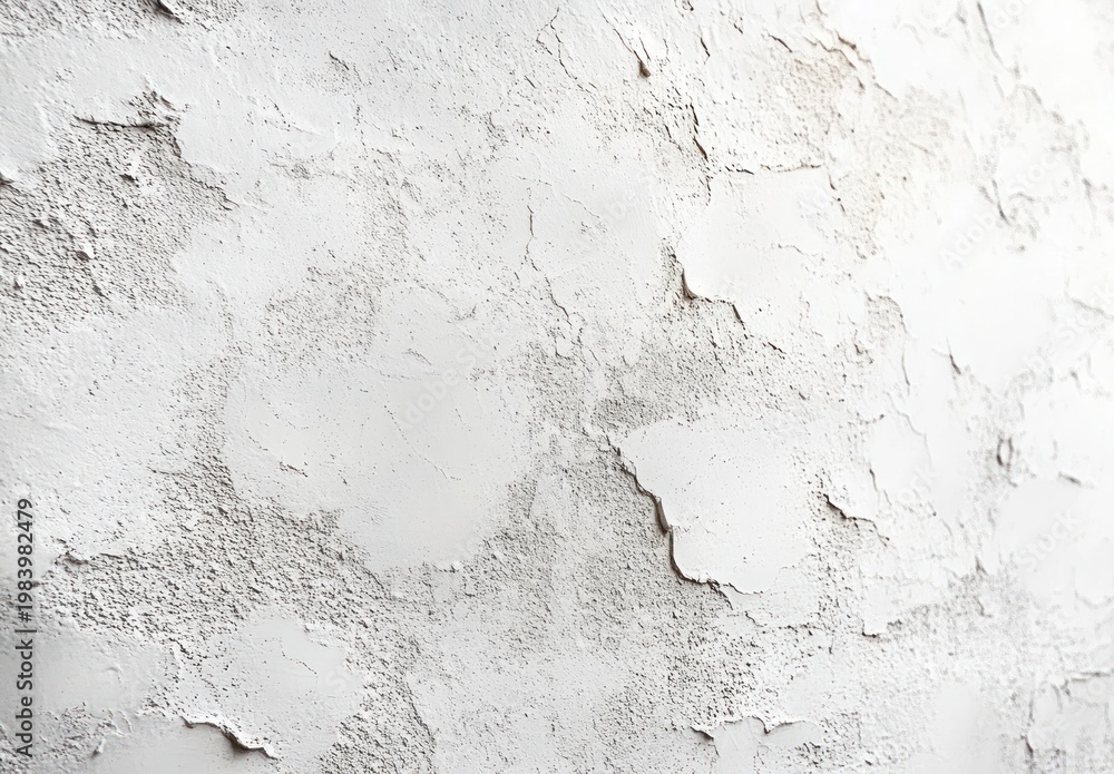 Fototapeta premium weathered white plaster wall with peeling paint, cracks and rough textured surface conveying age and decay