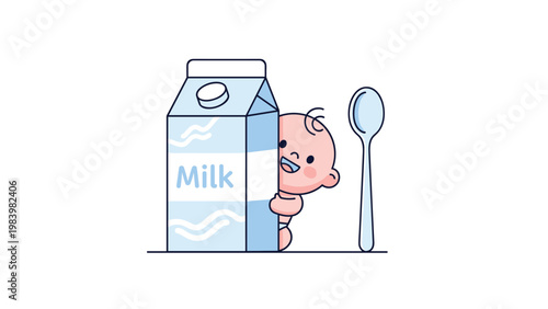 Adorable cartoon baby peeking out from behind a large blue and white milk carton next to a long spoon for infant nutrition concepts.