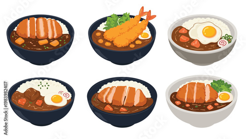 Collection of six different japanese curry bowls with various toppings like tonkatsu, fried shrimp, and eggs on white rice in a vector style.