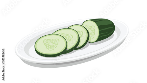 Fresh green cucumber slices neatly arranged on an oval white plate shown from a side perspective against a clean white background.