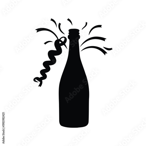 Black and white wine bottle with cork popping out silhouette vector illustration, champagne bottle with streamers silhouette vector illustration