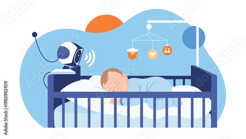 Baby peacefully sleeping in a blue crib monitored by a smart security camera and a mobile toy in a safe nursery environment.