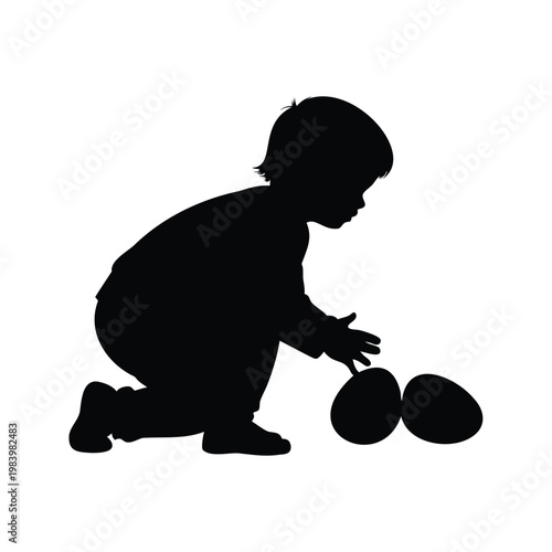 Silhouette of a child playing with eggs, cute and innocent moment, silhouette vector illustration, child hiding easter eggs silhouette vector illustration