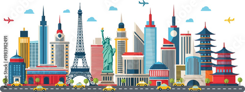 A vibrant cityscape with iconic buildings and monuments from around the world including pagoda, statue, tower, arch, and temple under clear skies.