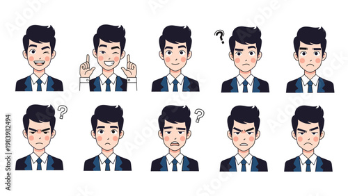 Sheet of ten different facial expressions for a male character in a suit including happy, confused, angry, and sad for animation.