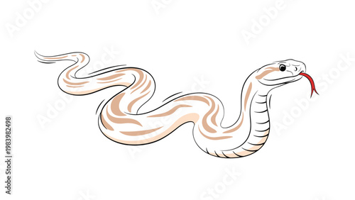 Large venomous snake with a long flickering red tongue and tan stripes crawling along a clean white background in a side view.